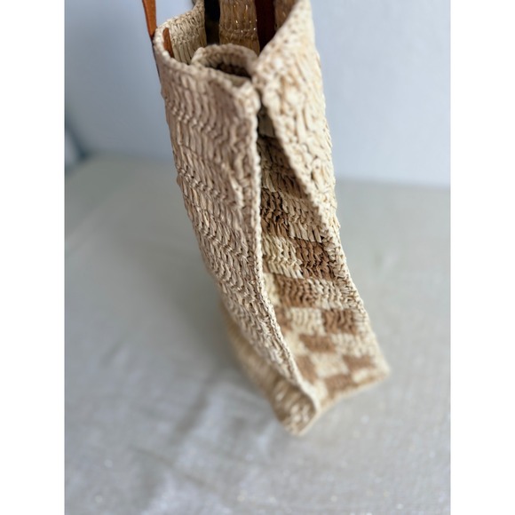 Universal Thread Packable Straw Tote Bag Beige Brown Checkerboard Ethically Made - Picture 3 of 9